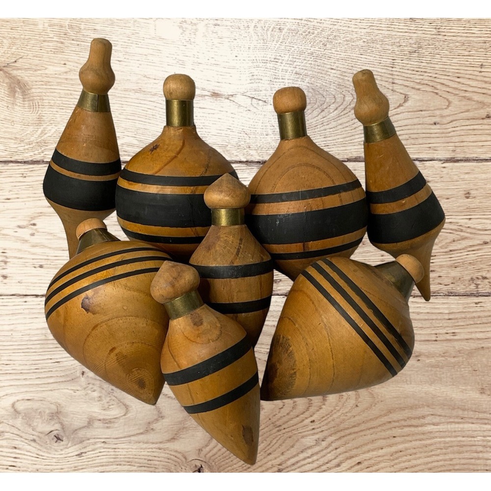 Rare Wooden Spinning Tops With‎ Brass Handle Black Stripes Lot Of 8